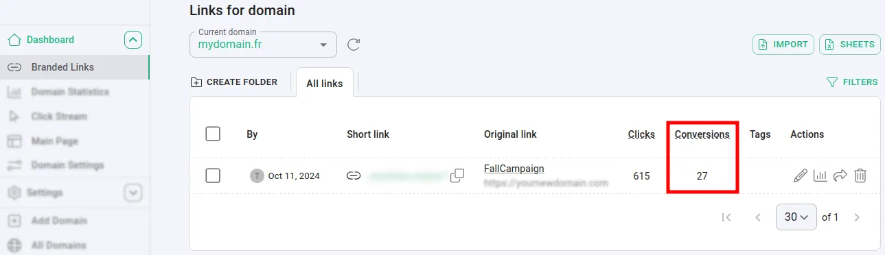 Screenshot from the Short.io interface showcasing Conversions functionality