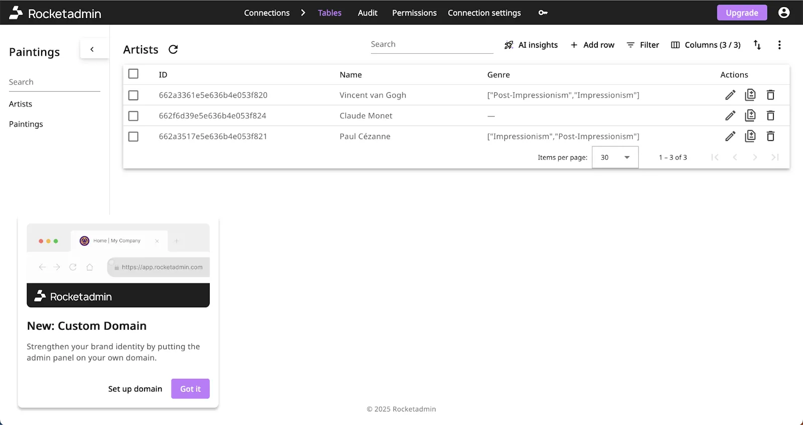 Spreadsheet-like table for the Rocketadmin platform, with various entries and icons visualizing and showcasing its functionality